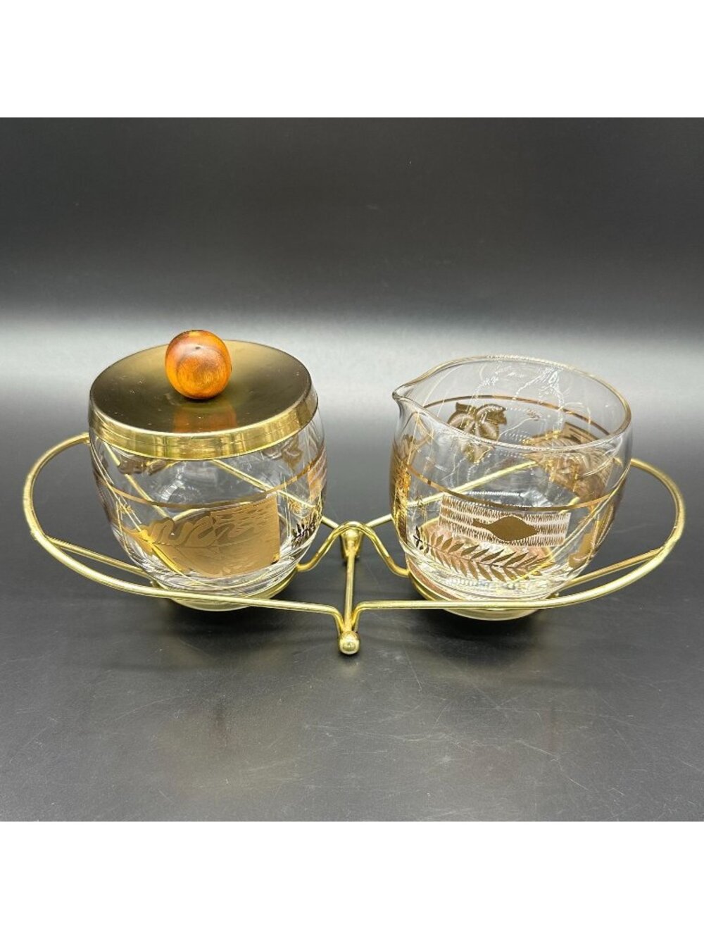 Vintage Libbey Gold Leaf Creamer Sugar Bowl Set Caddy 70s Mid Century Serving